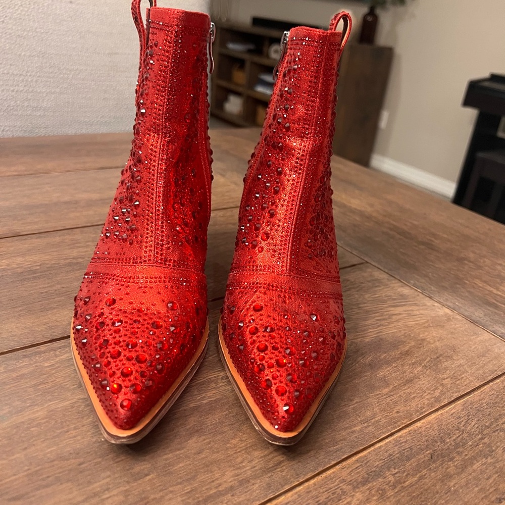 Isnom Red Rhinestone Sparkly Cowboy Boots - Picture 5 of 11